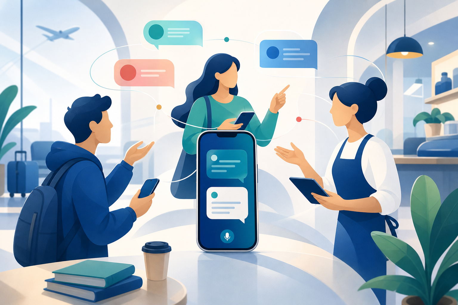Illustration of people using mobile translation tools in everyday situations